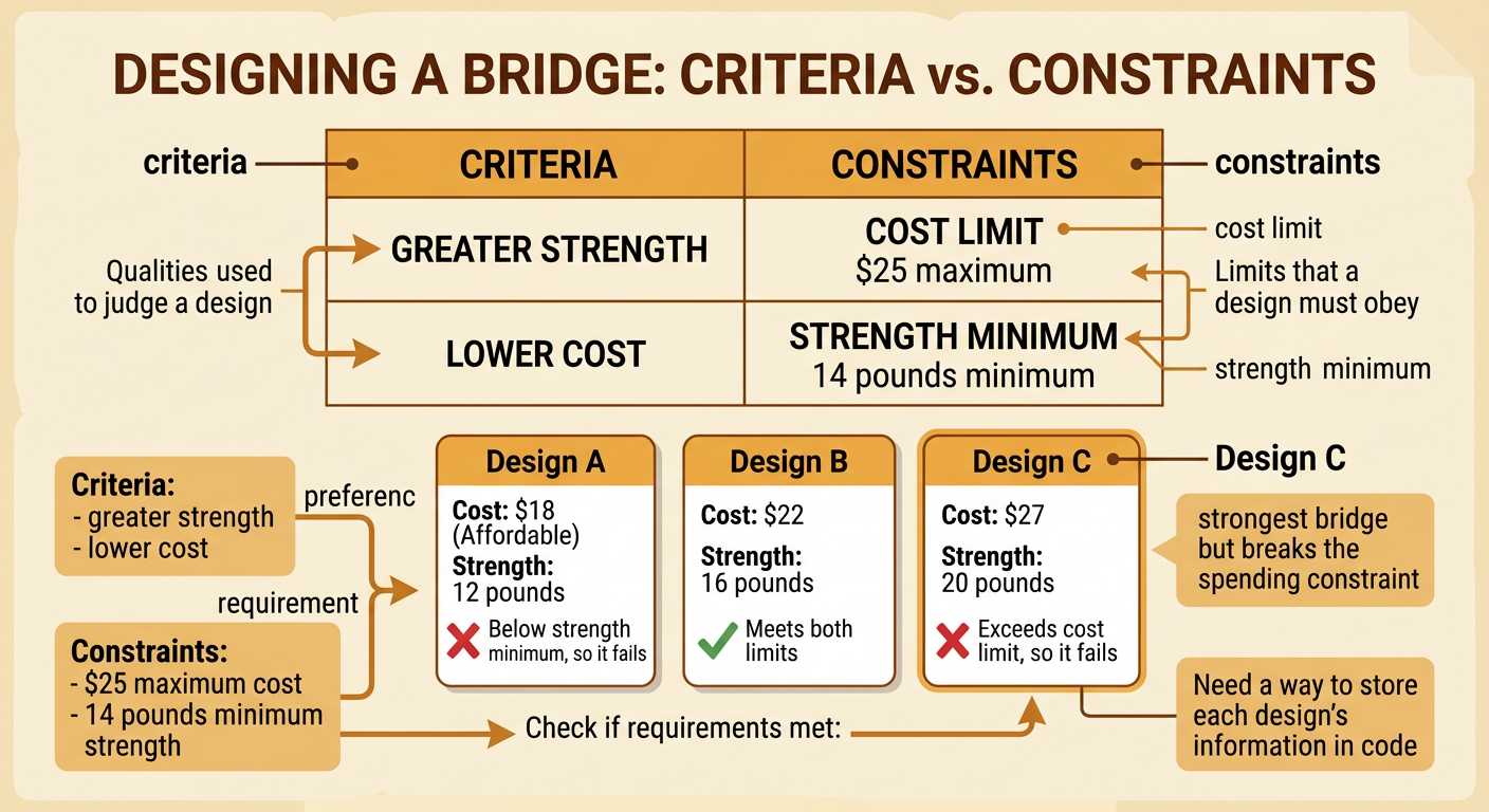 A comparison chart shows three bridge designs checked against a maximum cost and a minimum strength.