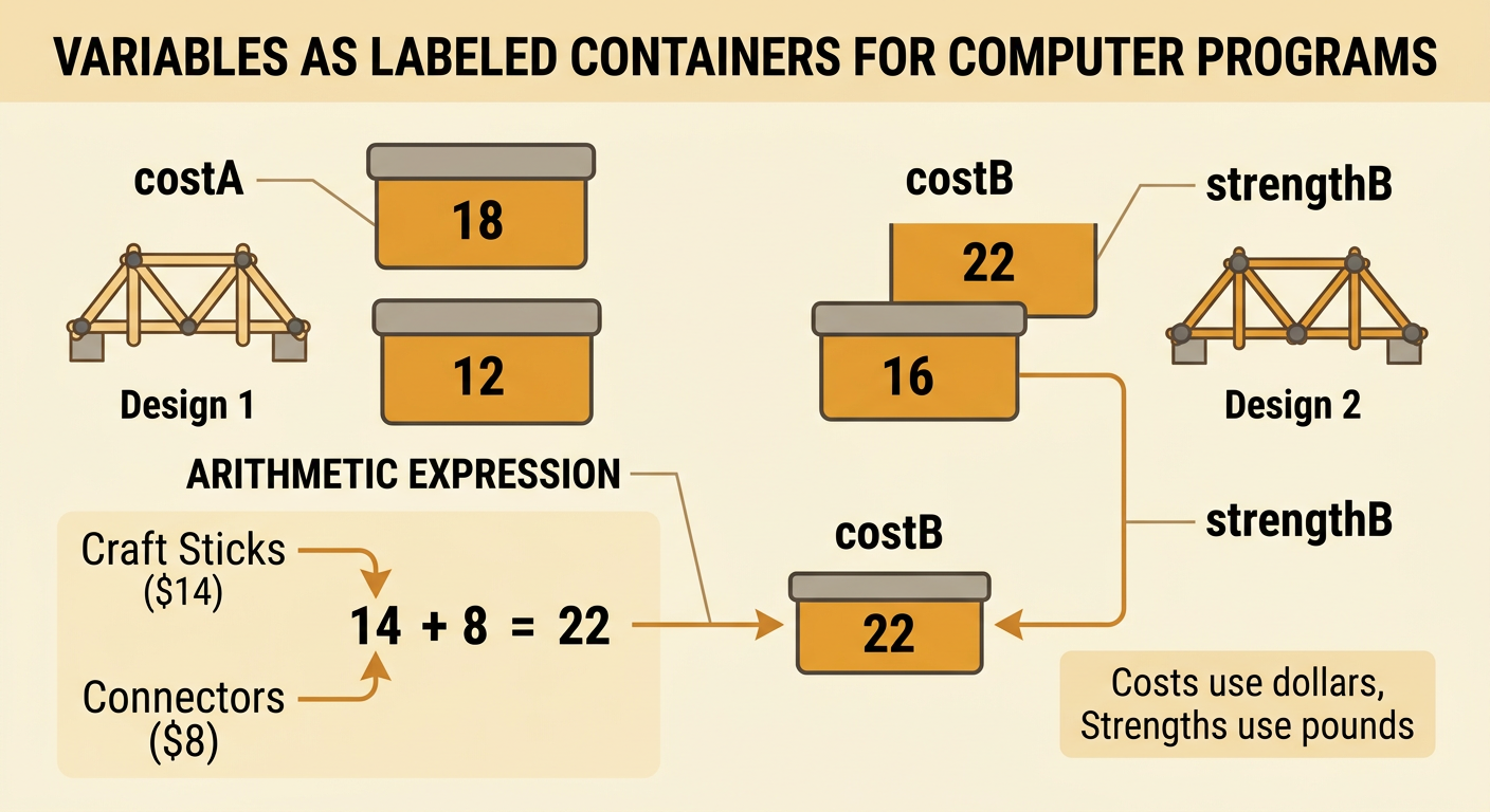 Four labeled variable boxes store the costs and strengths of two bridges, with the second cost formed by adding two material prices.