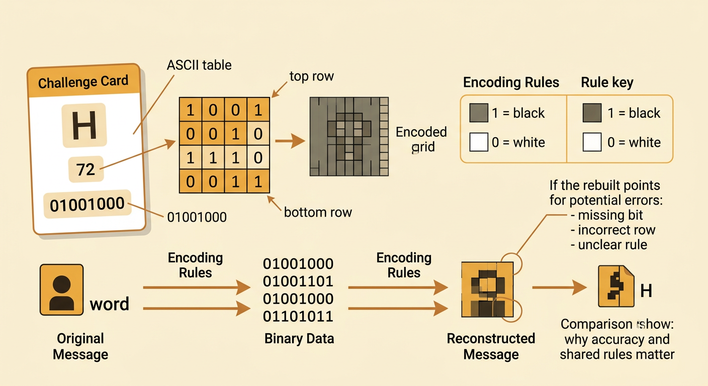 A coding worksheet shows an ASCII letter code and a 4-by-4 icon being converted into rows of binary data.