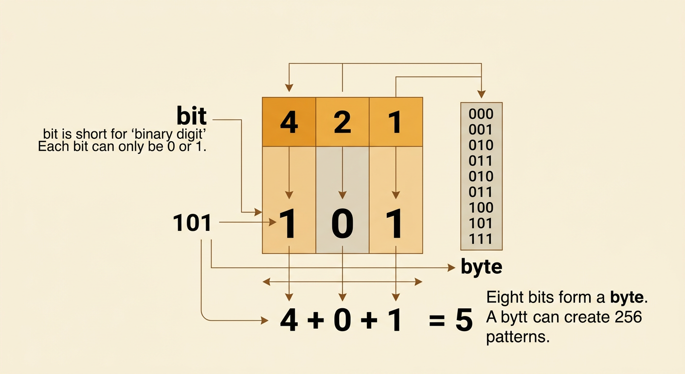 A place-value diagram shows how the three-bit pattern 101 represents the number 5, with a byte shown below.