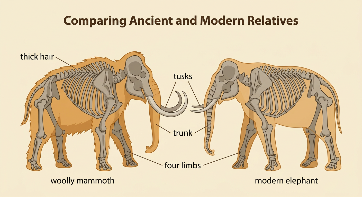 A woolly mammoth and a modern elephant stand side by side for comparison.