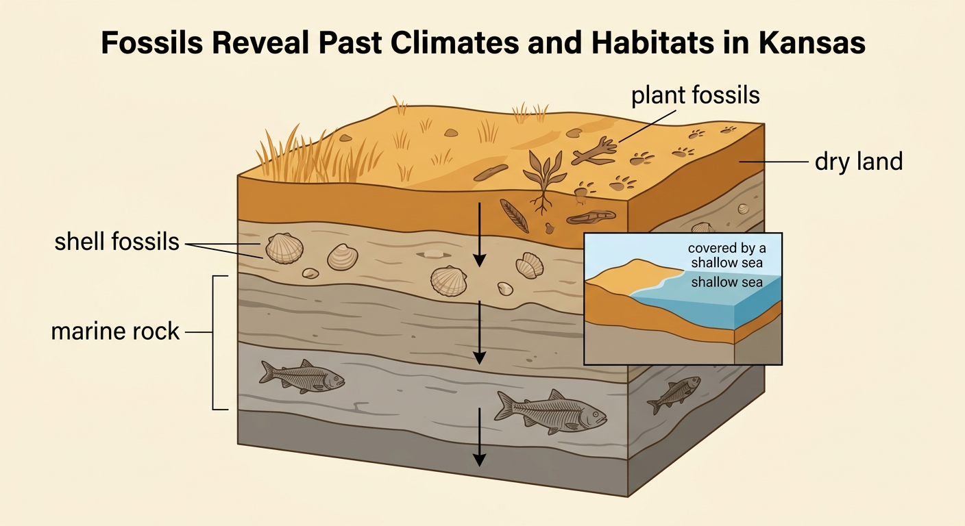 Kansas rock layers show sea fossils below later evidence of land plants and animals.