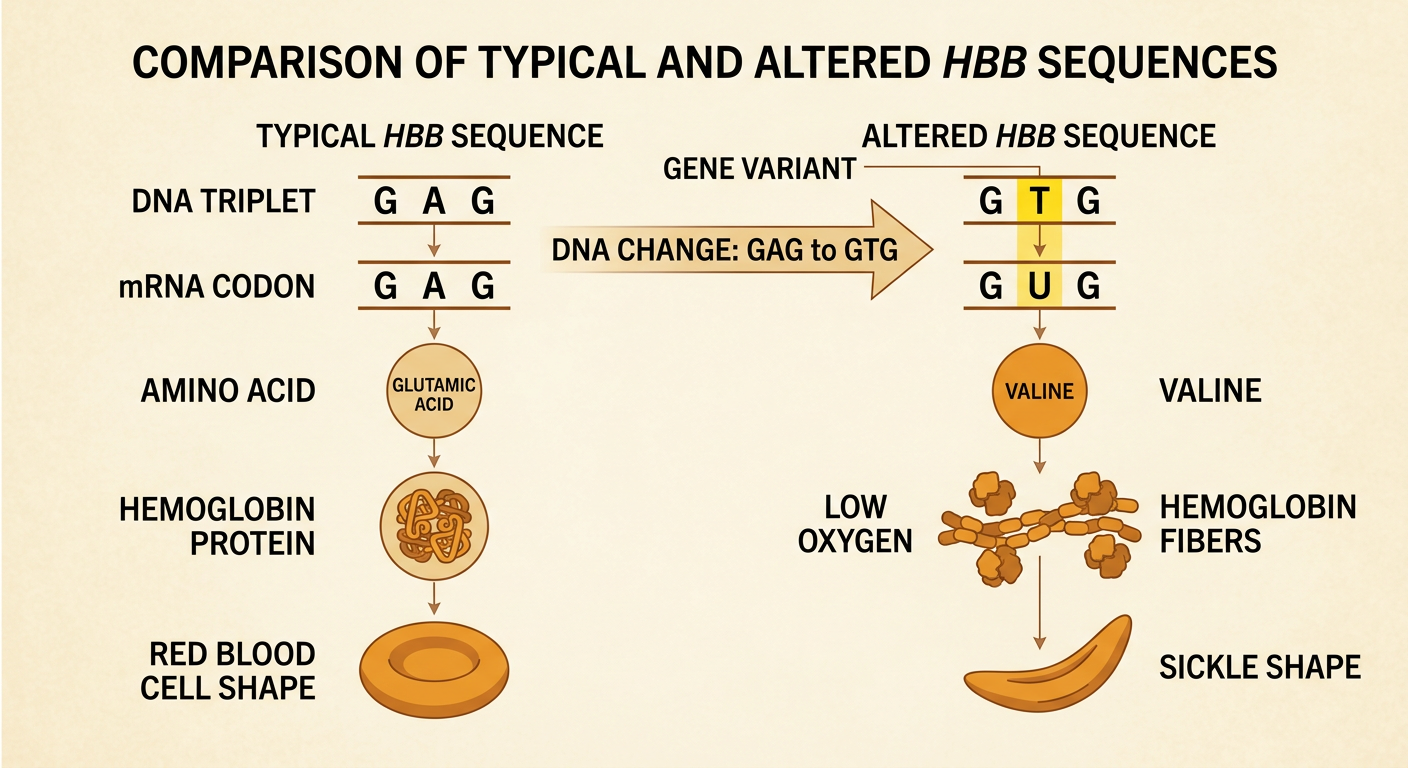A molecular-to-cell pathway shows the HBB variant producing valine, hemoglobin fibers, and a sickle-shaped red blood cell.
