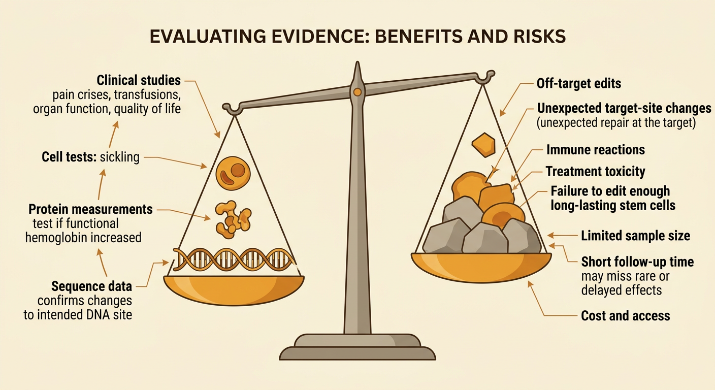 A balanced evidence chart connects sequence data, hemoglobin measurements, clinical studies, and treatment risks.
