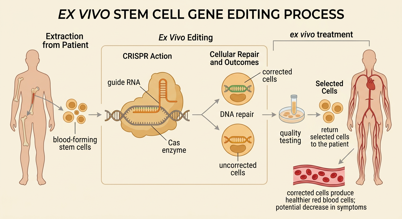 An ex vivo CRISPR process shows guide RNA and a Cas enzyme editing blood-forming stem cells before their return to a patient.