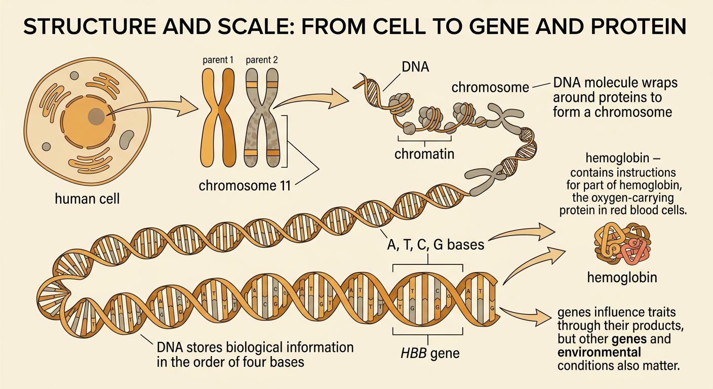 A human chromosome pair is enlarged to show chromosome 11, the HBB gene, and hemoglobin in a red blood cell.
