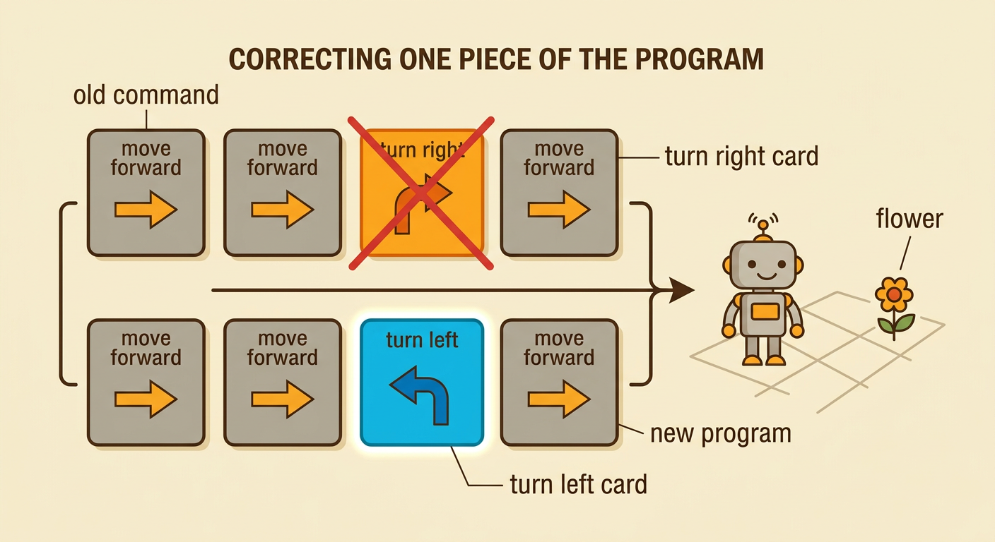 Two children replace the old right-turn command with a left-turn command in the program.