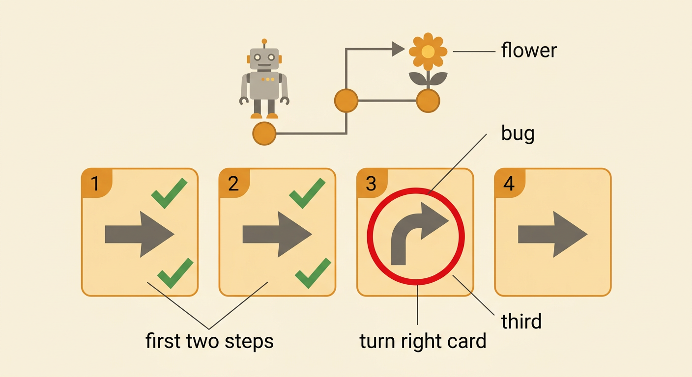 The first two command cards are correct, while the third command turns the robot away from the flower.