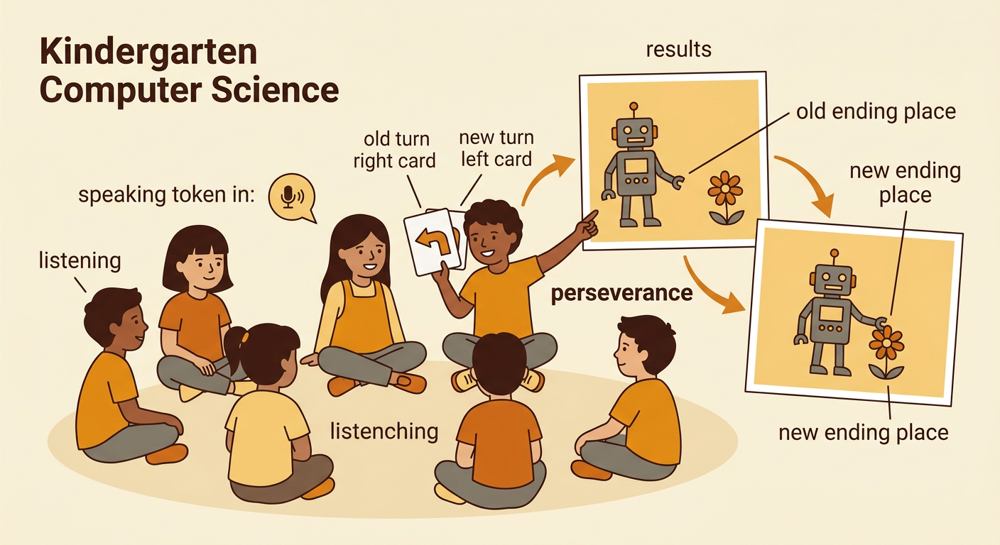 Children compare the old and new command cards beside the robot’s two different ending places.