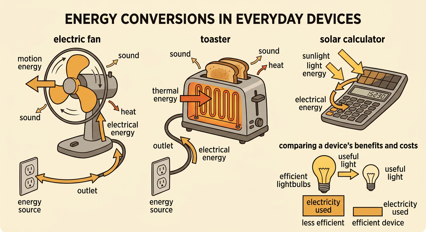 A fan, toaster, solar calculator, and two lightbulbs show their energy sources and useful outputs.