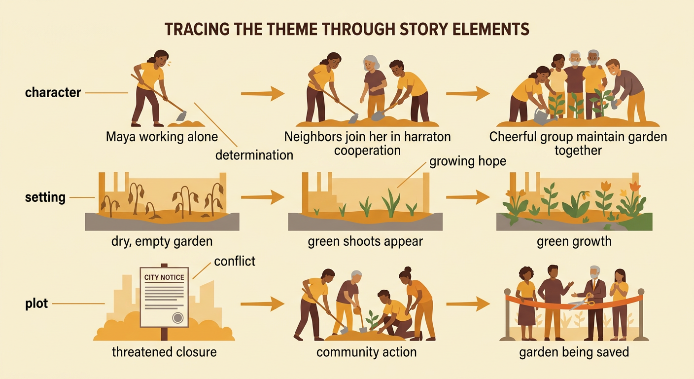 A beginning-to-end flowchart connects Maya's determination, the changing garden, and the garden's rescue.