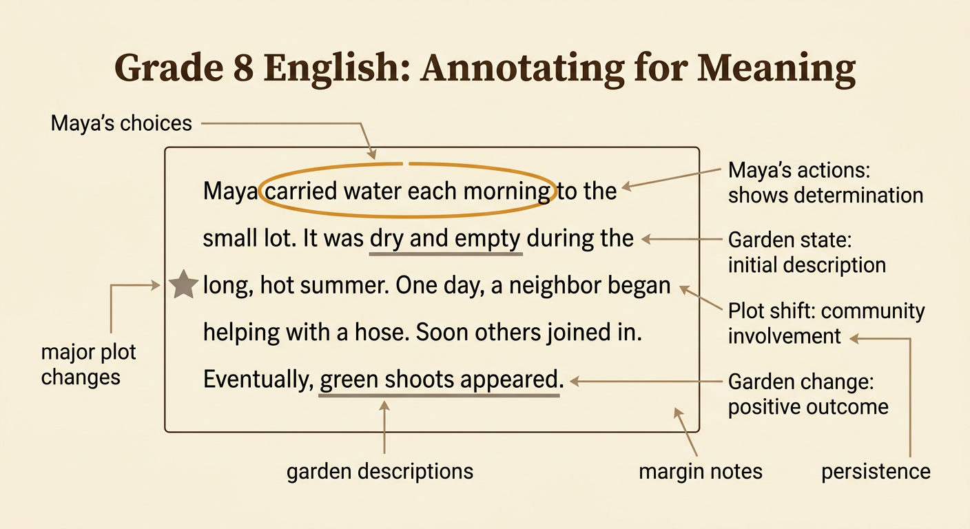 An annotated garden passage shows circles, underlines, stars, and explanatory notes beside key details.