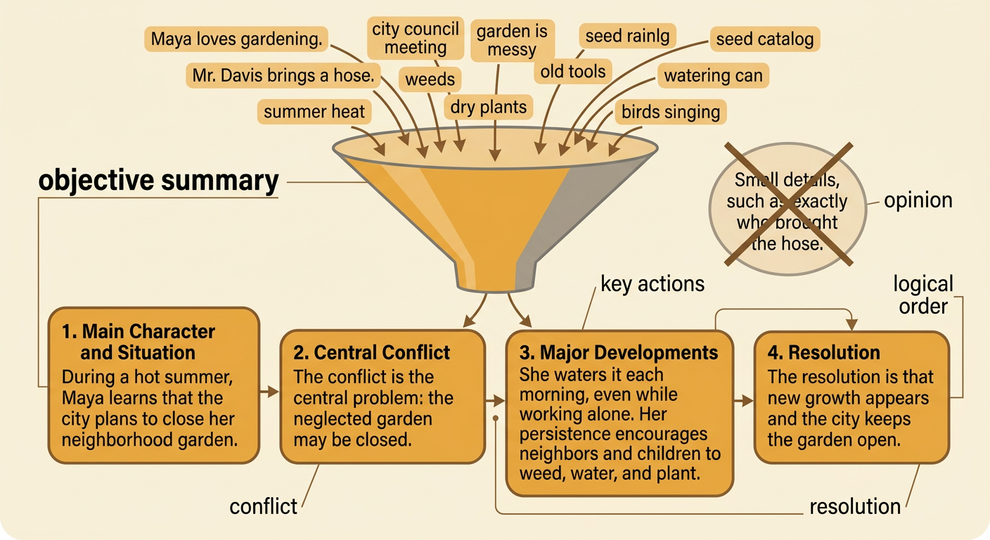 A summary organizer arranges the garden story's problem, major events, and solution while crossing out a personal reaction.
