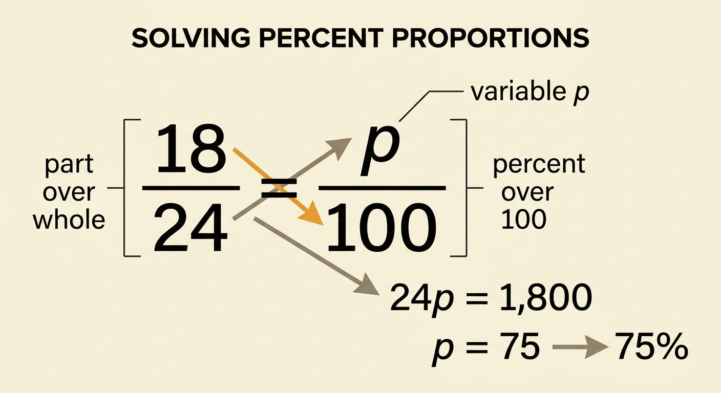 A proportion diagram connects 18 students out of 24 to an unknown percent out of 100 and shows the cross multiplication.
