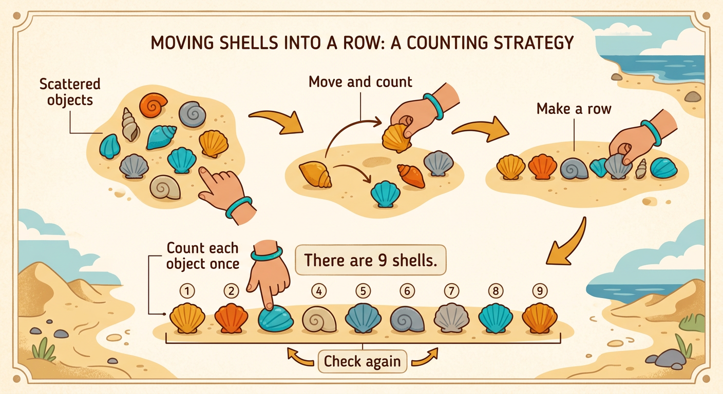 Moving scattered shells into a row is one strategy for counting 9 shells accurately.
