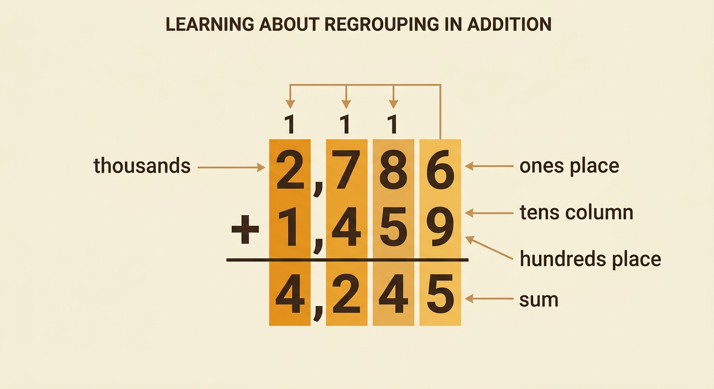 The vertical addition problem 2,786 plus 1,459 shows regrouped digits above each column and a sum of 4,245.