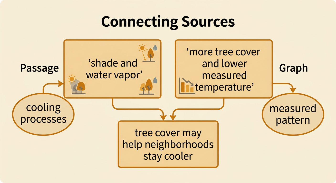 Arrows connect a passage about cooling processes to a graph showing a measured temperature pattern.