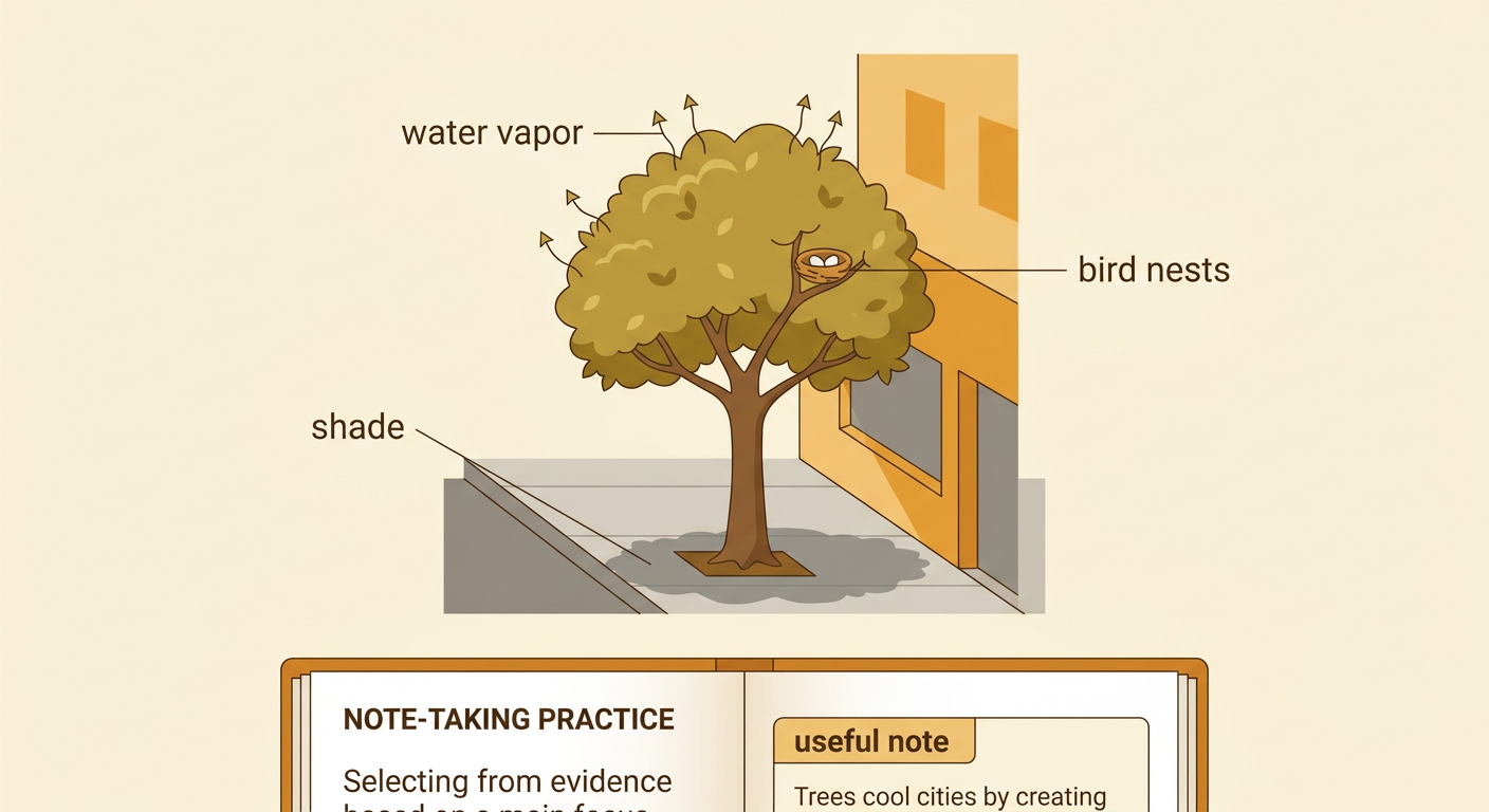 A city tree shades pavement and releases water vapor while a bird nest is marked as unrelated to cooling.