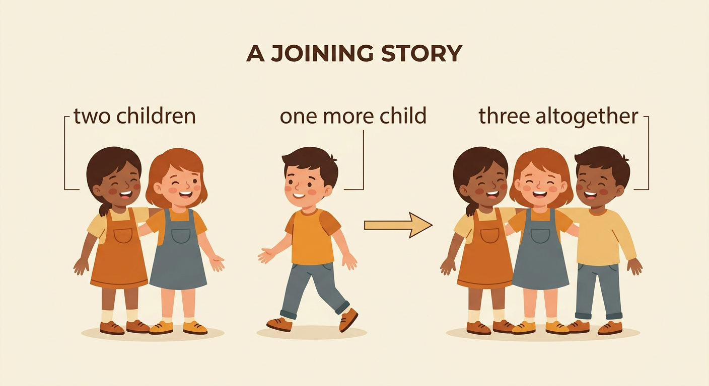 Two children stand by a table as one more child walks over to join them, making three altogether.