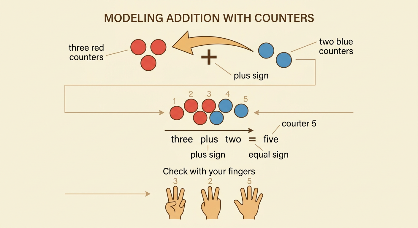 Three red counters and two blue counters join to show 3 + 2 = 5.