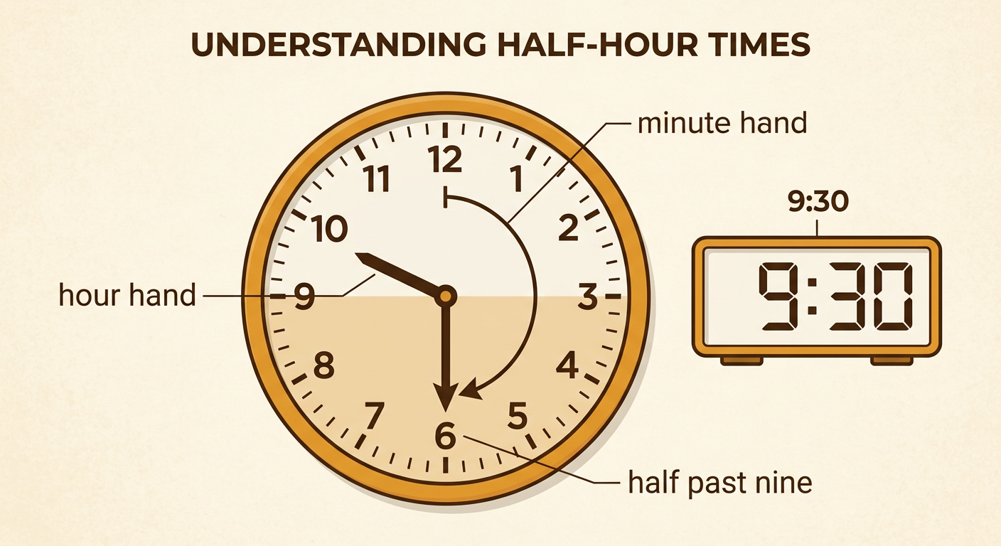 An analog clock shows 9:30 beside the matching digital time, with the hour hand halfway between 9 and 10.