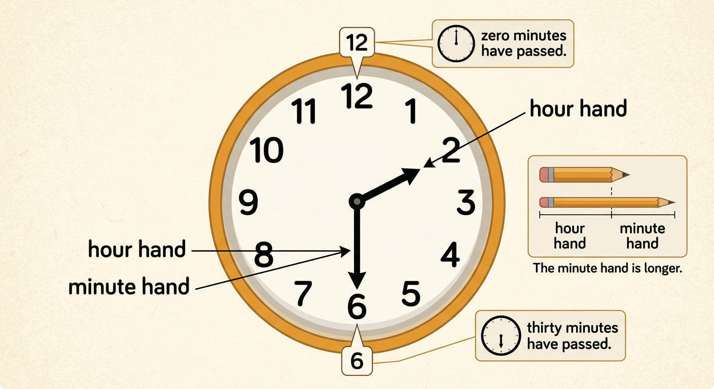 A large analog clock shows 2:30 with the short hour hand halfway between 2 and 3 and the long minute hand on 6.