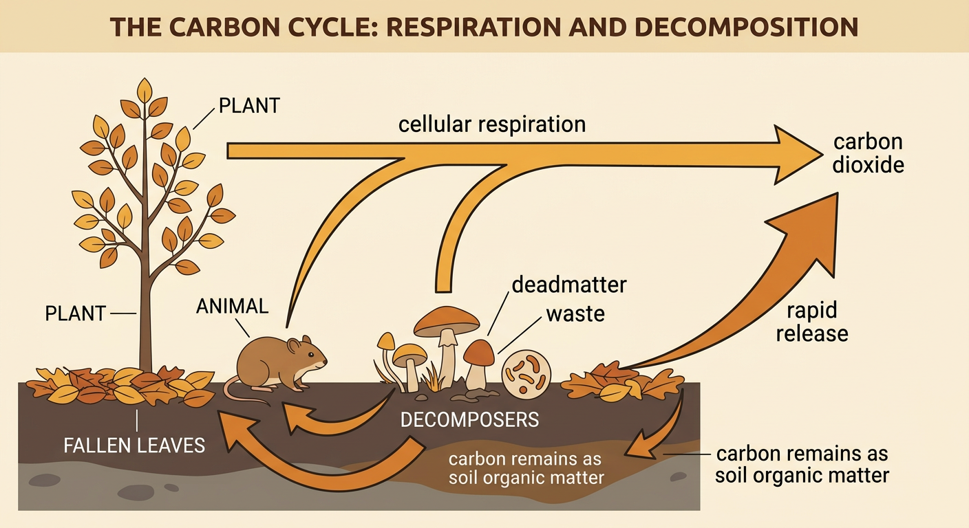 Fungi break down fallen leaves as carbon moves to the atmosphere and into long-term soil storage.