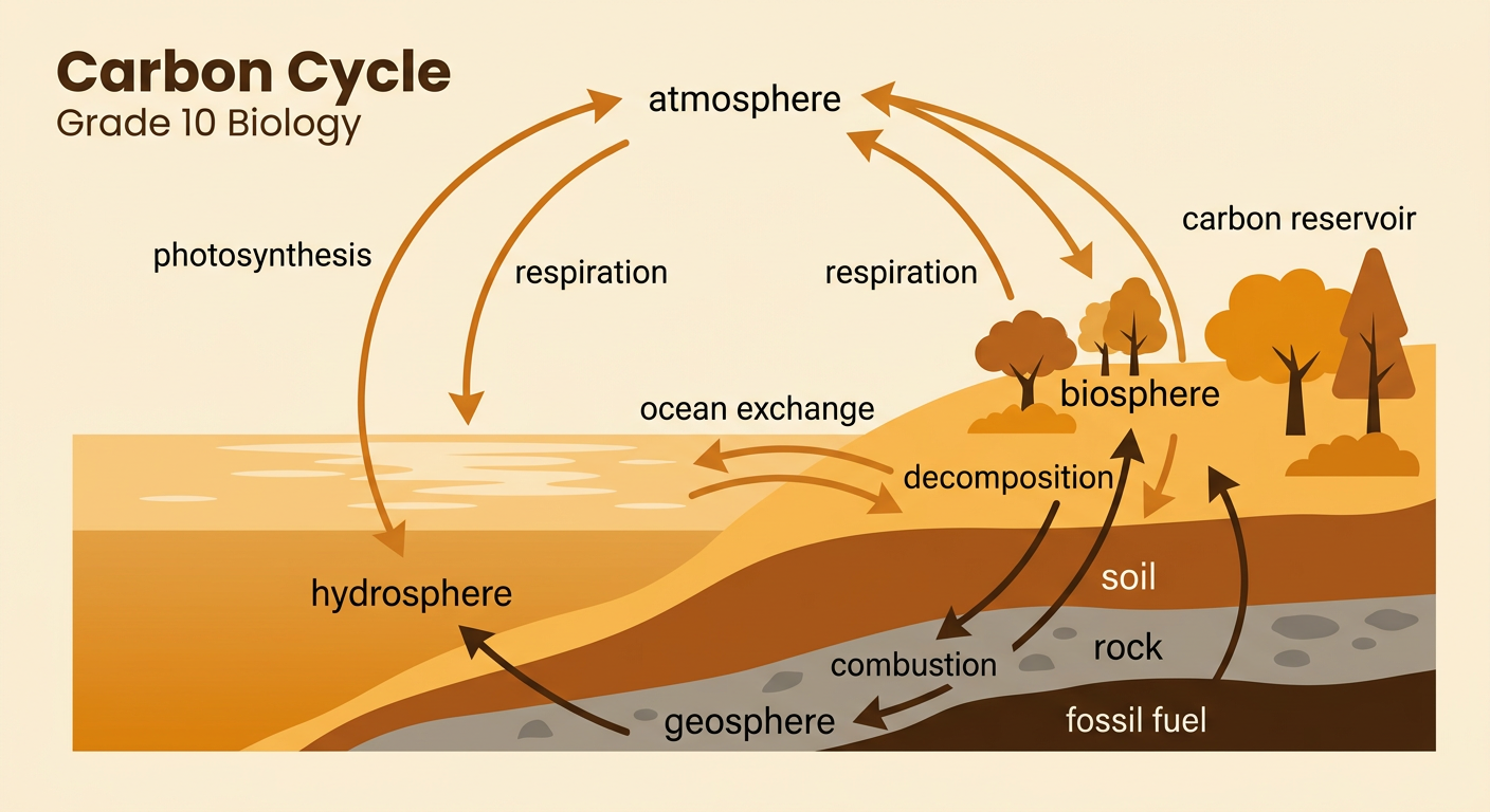 A carbon-cycle diagram shows arrows connecting the four major Earth systems and a carbon atom moving from air to a maple leaf and caterpillar.