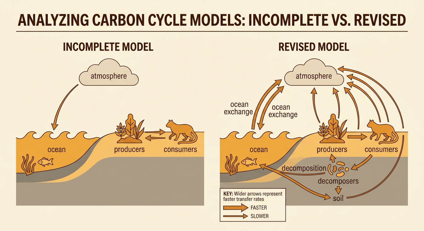 A complete carbon-cycle model shows connected reservoirs, directional pathways, a key, and a newly added arrow from the ocean to the atmosphere.