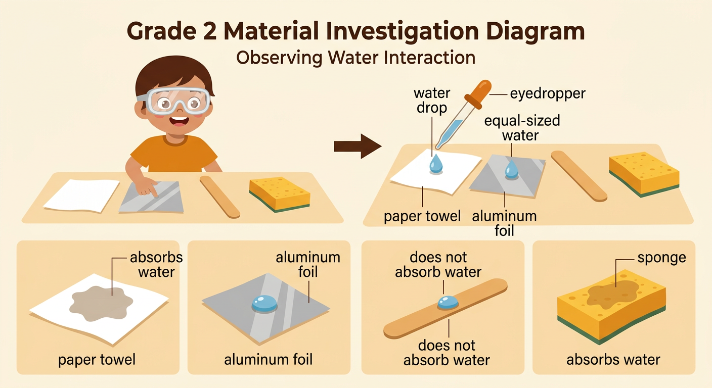 A water drop soaks into a paper towel but stays rounded on top of aluminum foil.