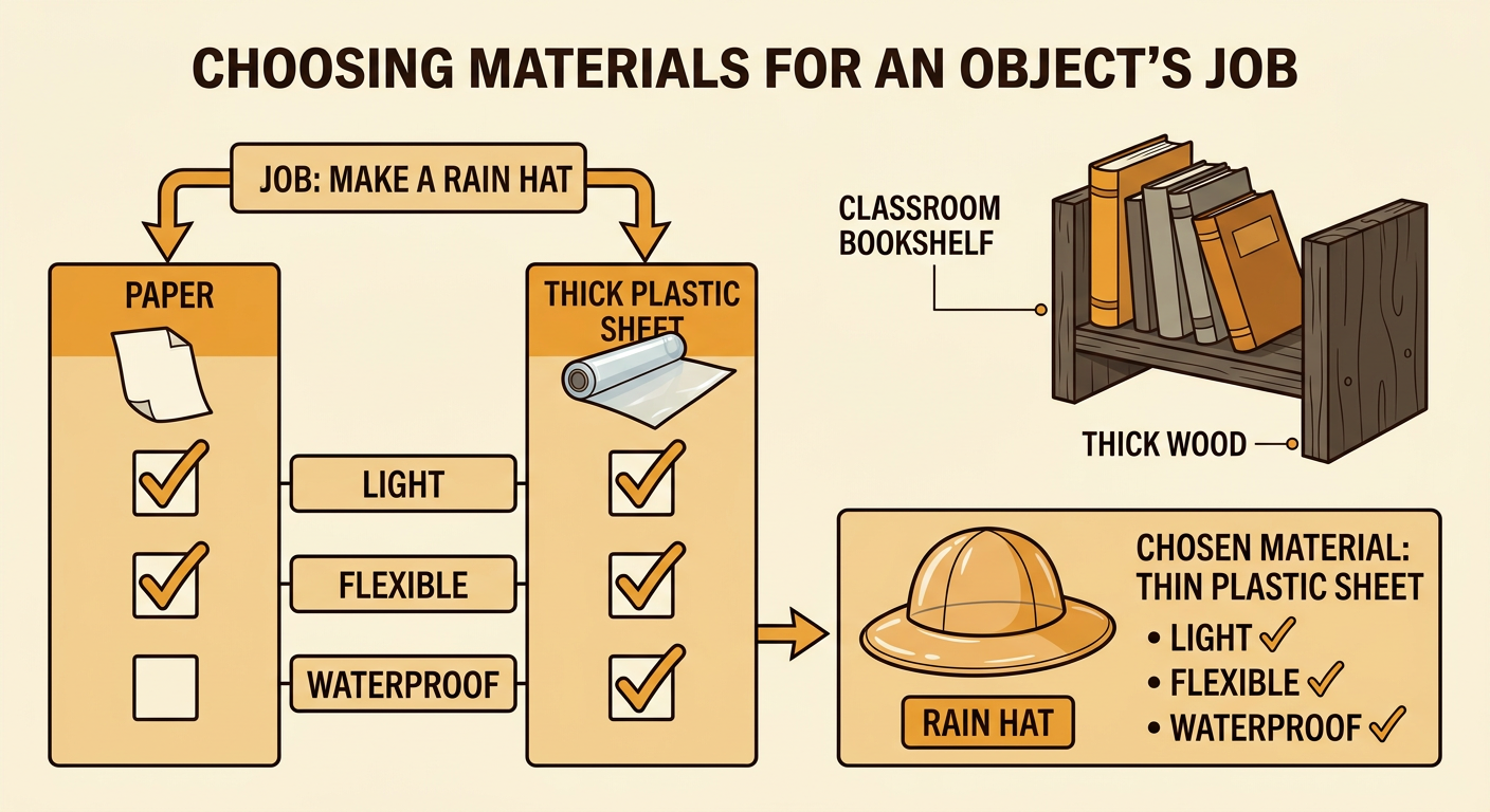 A rain hat choice chart compares wet, weak paper with a dry thin plastic sheet, while a strong wooden bookshelf holds books nearby.