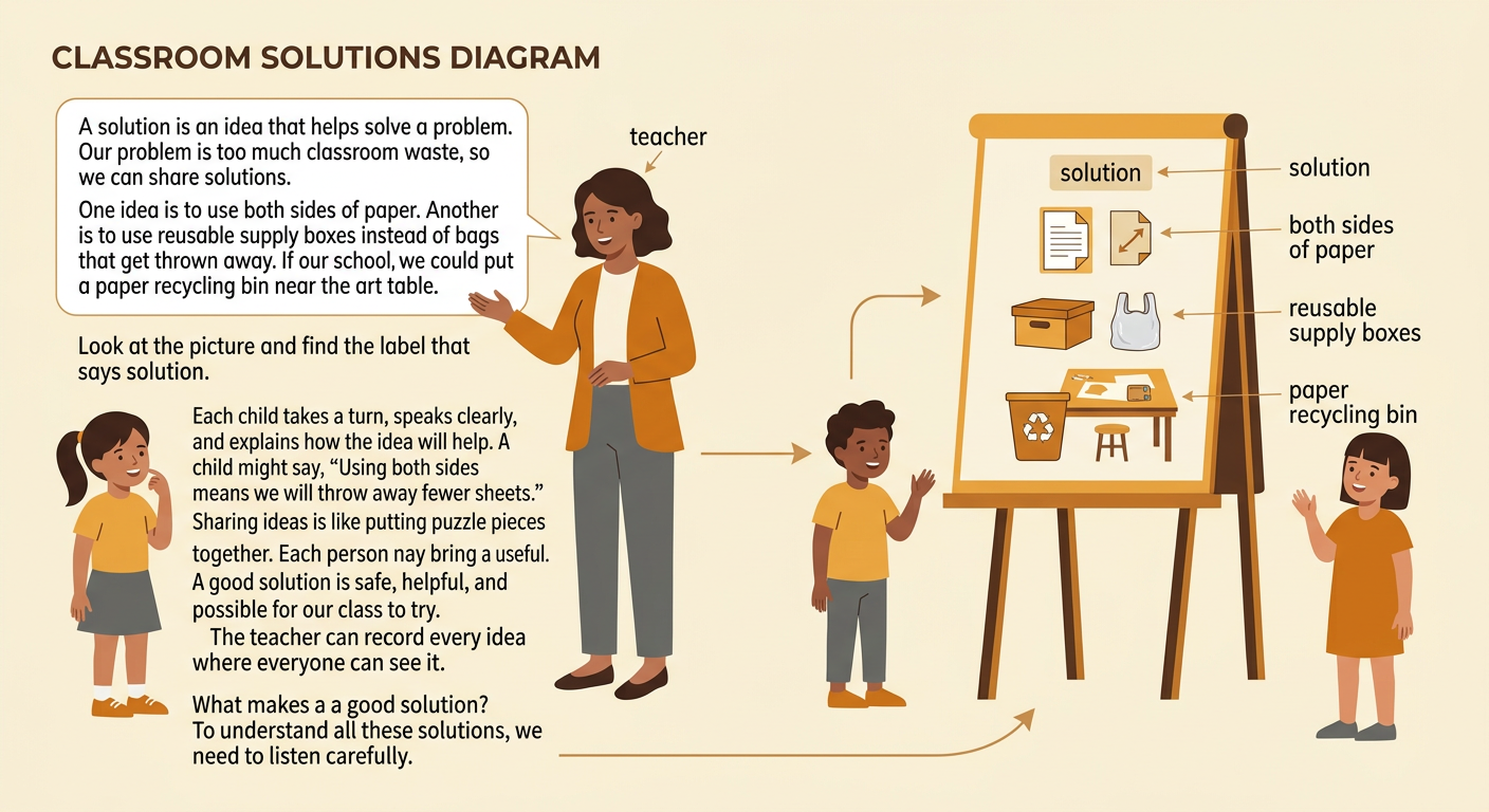 Children take turns sharing three safe ideas for reducing waste while a teacher records them.