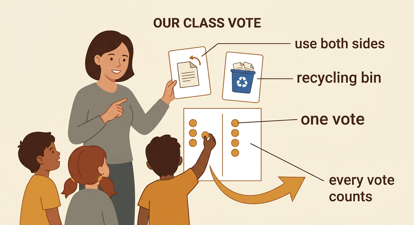Children each place one sticker beside one of two classroom waste solutions.