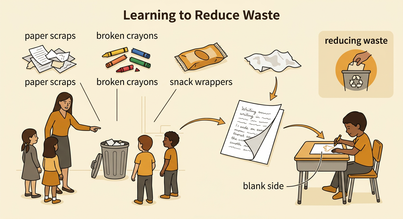 A teacher and children safely observe classroom waste, including one-sided paper that can be used again.