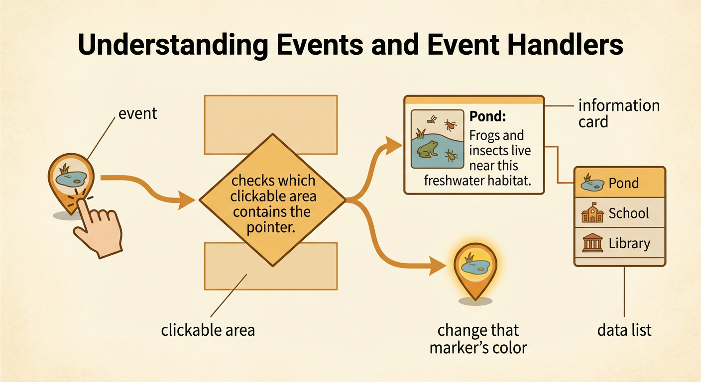 A program flow diagram connects a click on the pond's clickable area to an event handler, an information card, and a data list.
