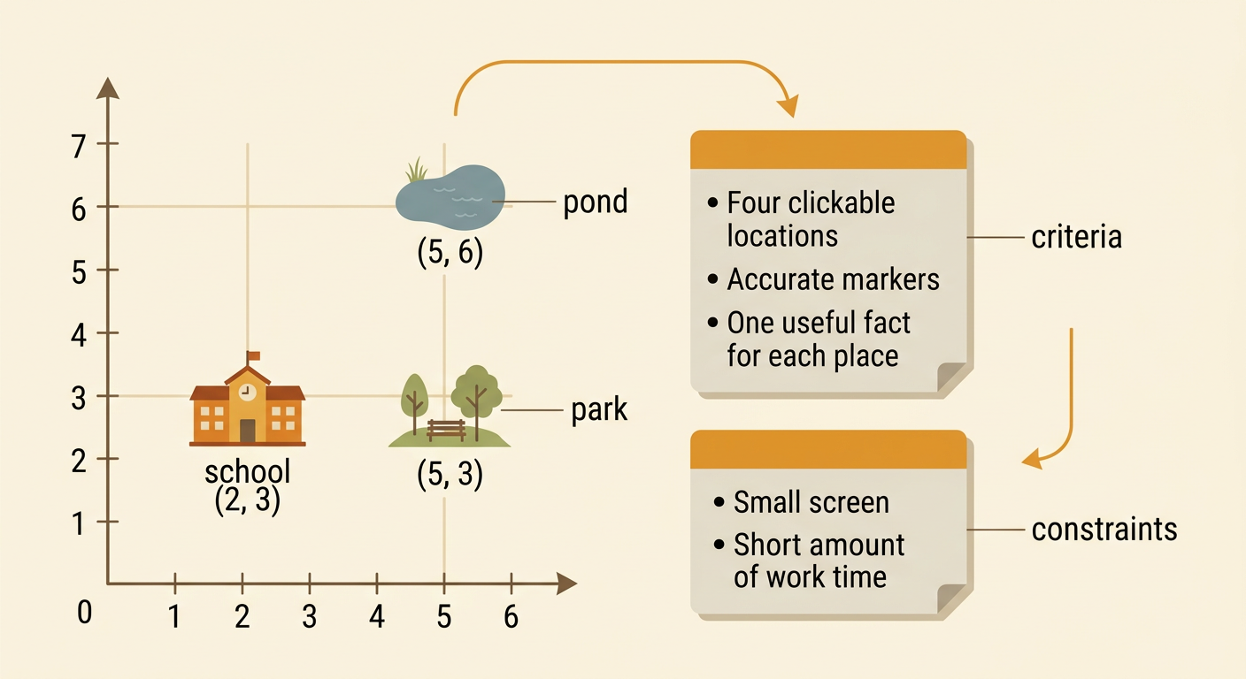 A planned neighborhood map shows three labeled markers and a side panel listing the map's goals and limits.