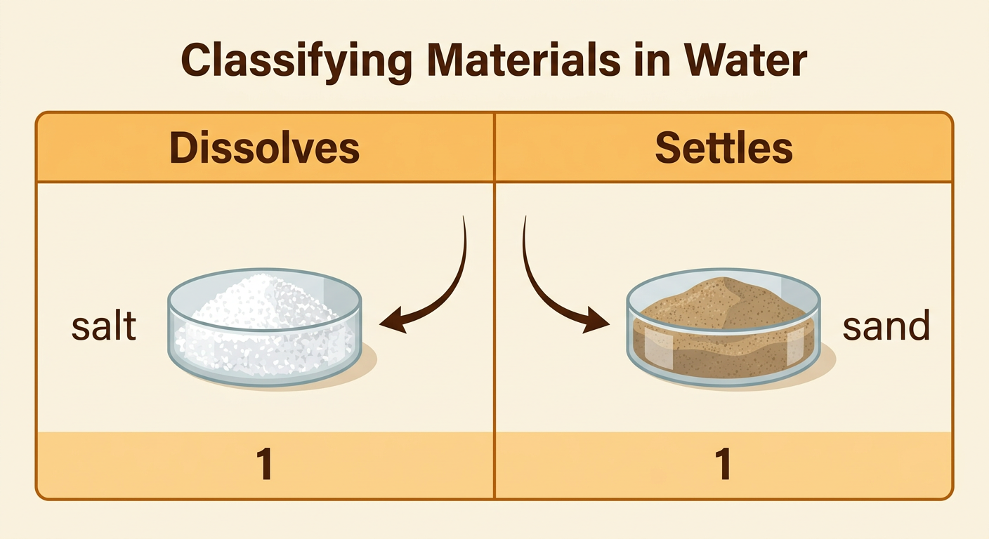 A simple sorting chart places a salt picture under Dissolves and a sand picture under Settles.