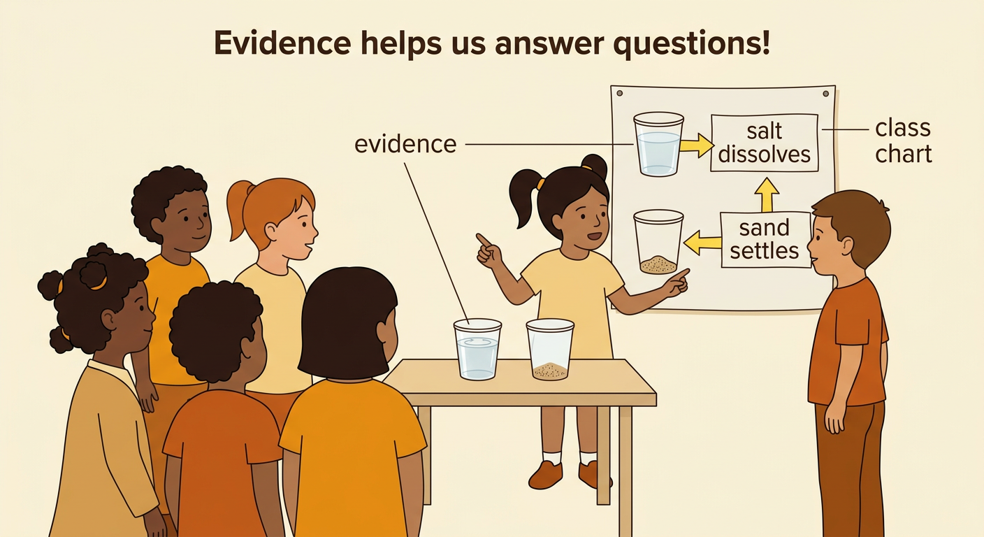 A child points to the two tested cups and a class chart while sharing evidence about the results.