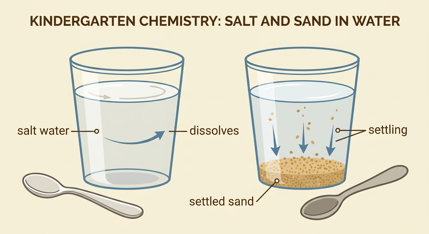 Two side-view cups show clear salt water in one cup and visible sand gathered at the bottom of the other.