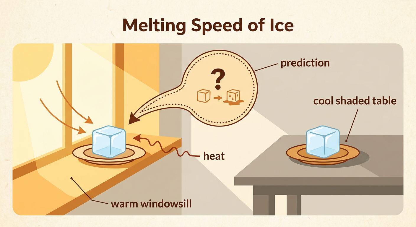 Two same-size ice cubes sit in a warm sunny window area and on a cool shaded table beside a written prediction.
