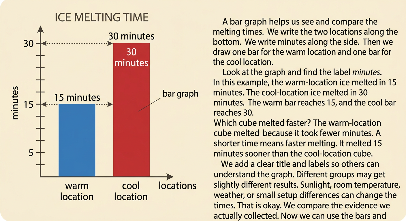 A labeled bar graph compares a 15-minute warm-location melting time with a 30-minute cool-location melting time.