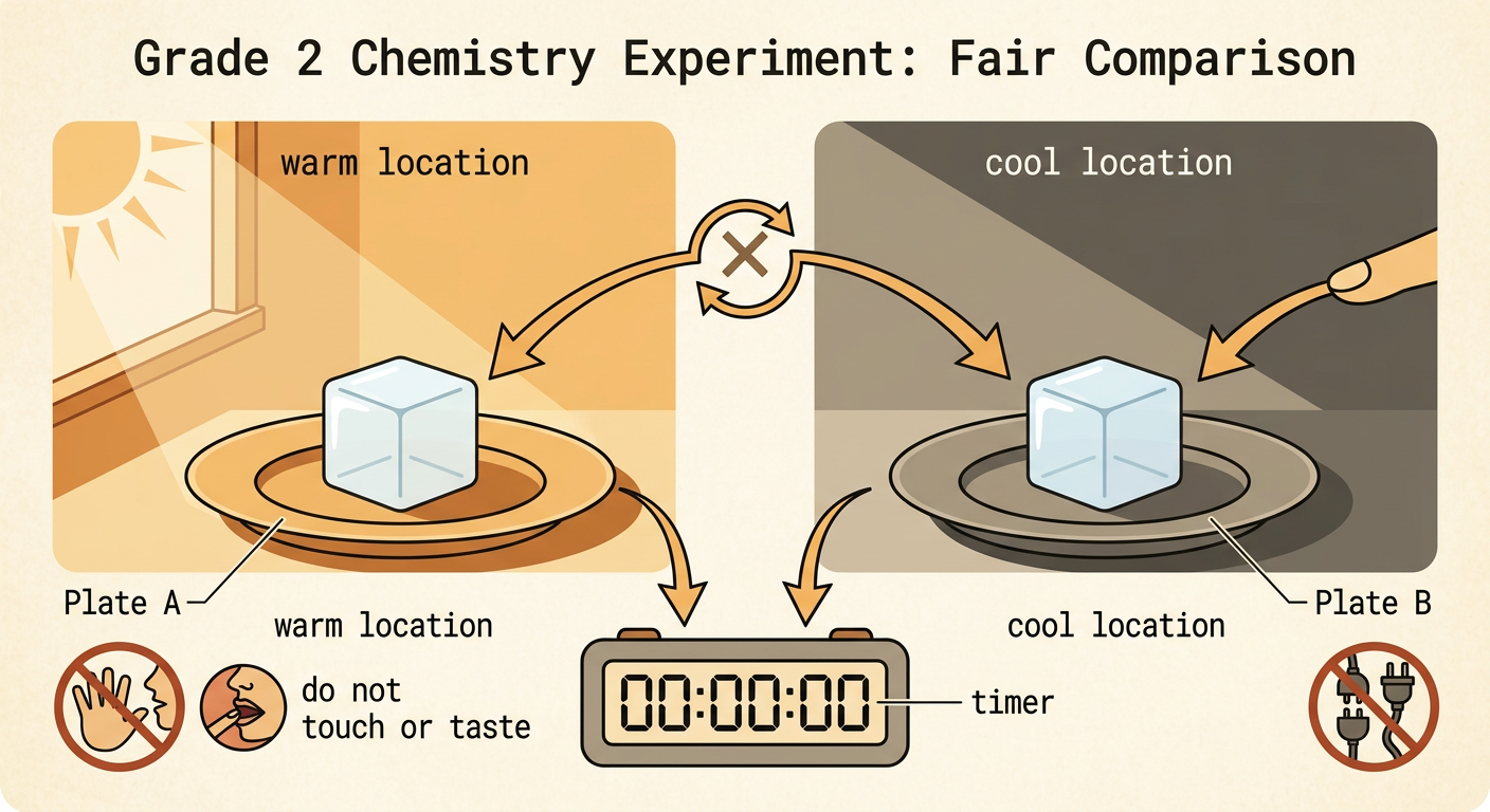 Two matching plates hold equal ice cubes in warm and cool locations while one timer begins.