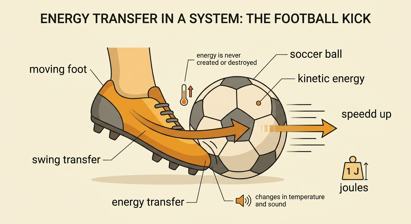 A moving foot kicks a soccer ball, transferring energy and causing the ball to move.
