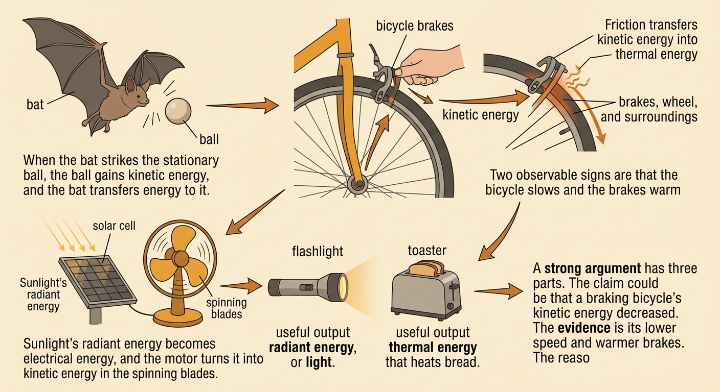 A review diagram shows energy transfers involving a bat and ball, bicycle brakes, a solar fan, a flashlight, and a toaster.