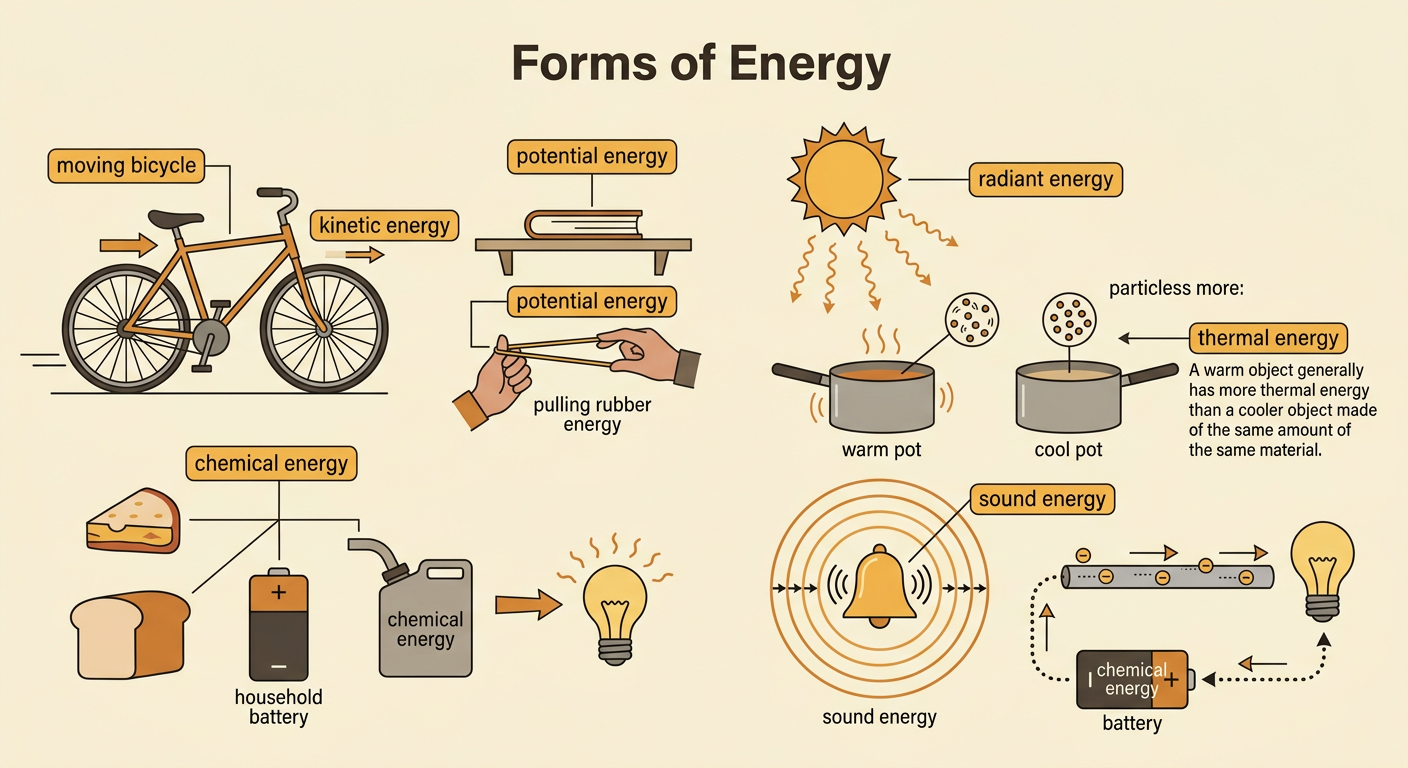 A labeled scene shows a moving bicycle, a book on a shelf, a stretched rubber band, a battery-powered flashlight, a warm cup, and sound waves.