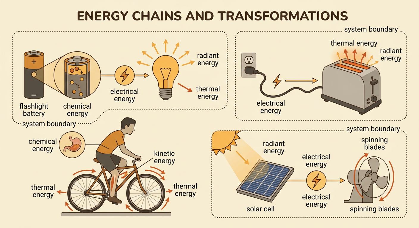 A labeled diagram traces energy from sunlight through a solar cell and motor to spinning fan blades, with a system boundary showing energy entering and leaving.