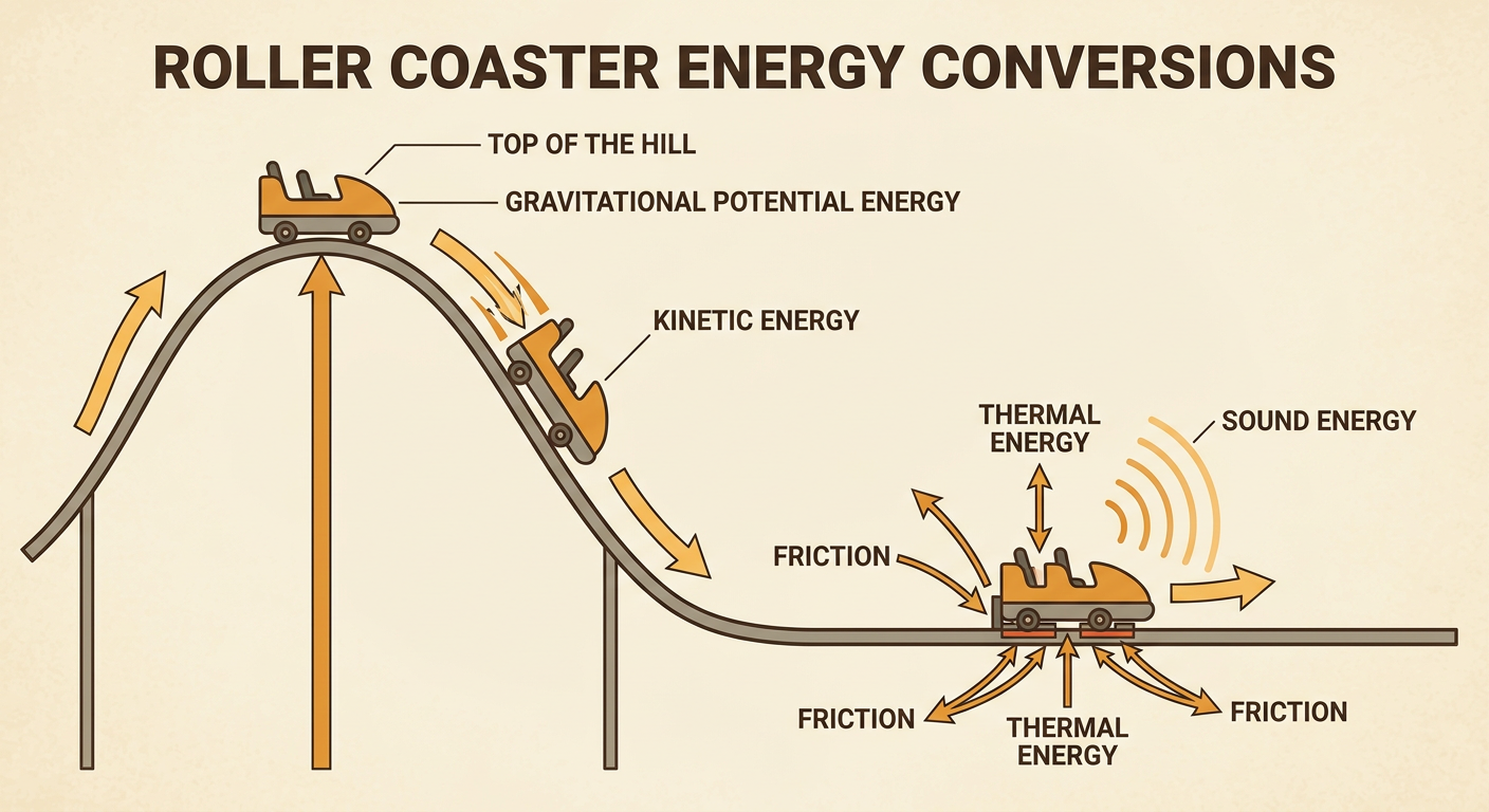 A roller coaster descends from the top of a hill and slows at the brakes as energy changes form.
