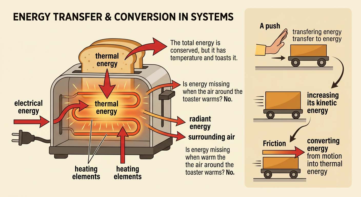 A labeled diagram shows energy changing and transferring in a toaster and a rolling cart.