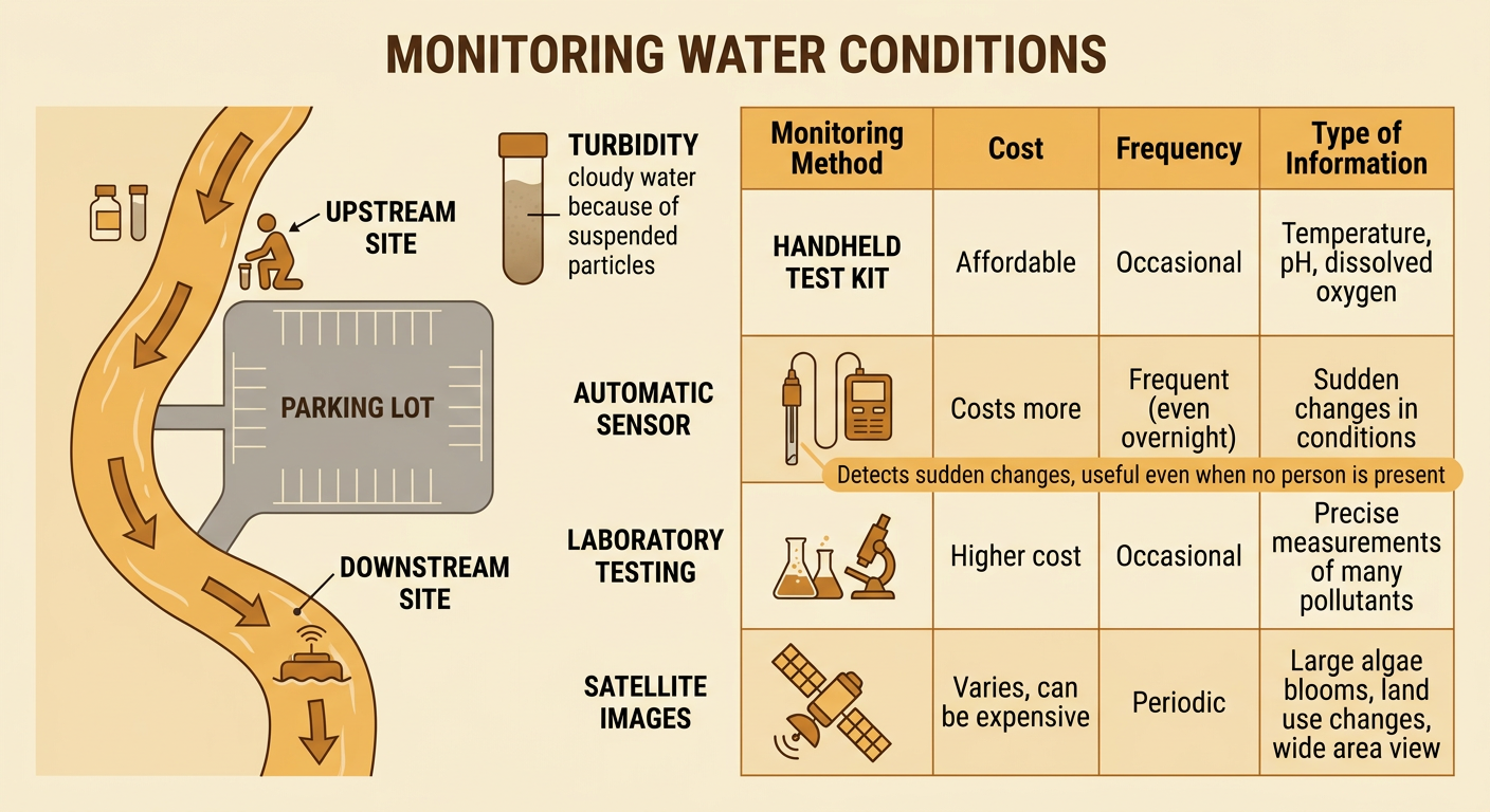 Students compare water-monitoring tools and collect samples upstream and downstream from a parking lot.