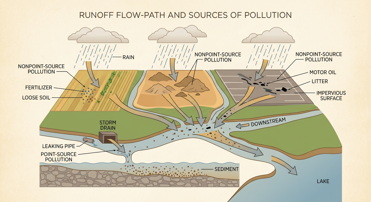 Storm runoff carries oil and litter from a paved parking lot through a drain into a creek.